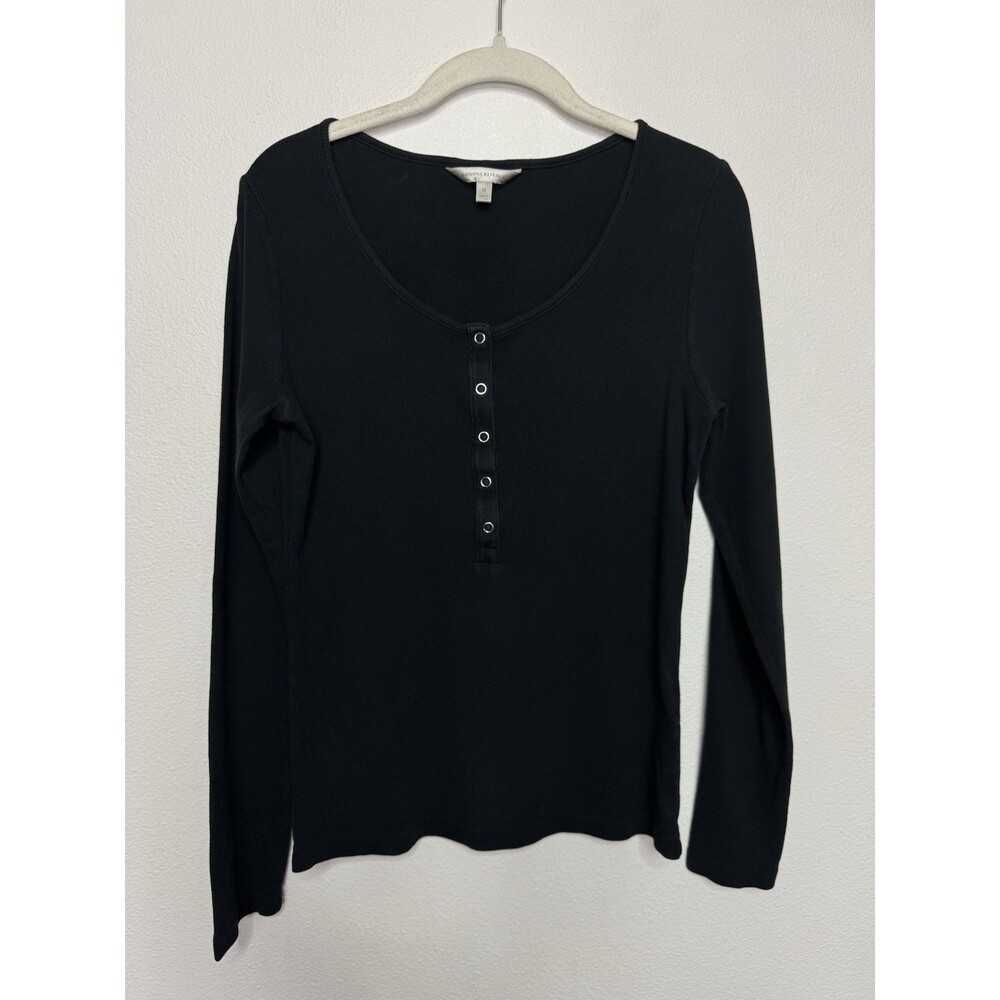 Banana Republic Medium Black Henley Top Ribbed Knit Cotton Blend Scoop Neck